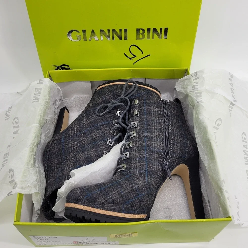 Gianni Bini Tosti Grey Plaid Lace Up Stiletto Platform Ankle Boots Womens 7M